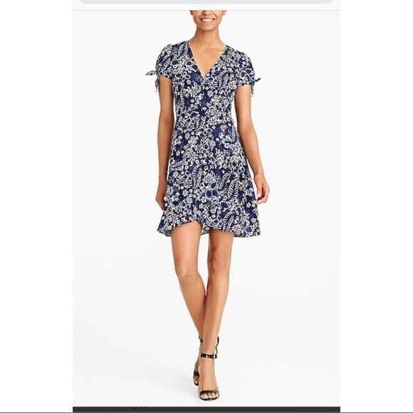 J. Crew Factory Blue Floral Faux Wrap Dress NWT - Picture 2 of 8
